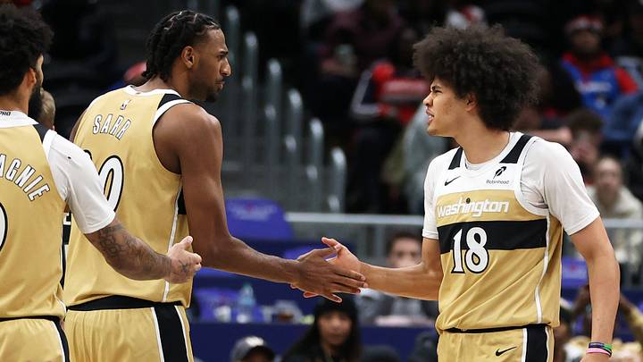 Jan 29, 2026; Washington, District of Columbia, USA; Washington Wizards forward Kyshawn George (18) celebrates with center Alex Sarr (20) during the first half against the Milwaukee Bucks at Capital One Arena. Mandatory Credit: Daniel Kucin Jr.-Imagn Images Jan 29, 2026; Washington, District of Columbia, USA; Washington Wizards forward Kyshawn George (18) celebrates with center Alex Sarr (20) during the first half against the Milwaukee Bucks at Capital One Arena. Mandatory Credit: Daniel Kucin Jr.-Imagn Images