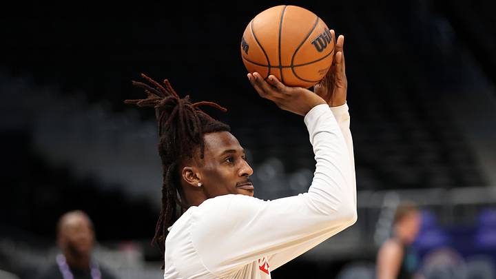 Feb 22, 2026; Washington, District of Columbia, USA; Washington Wizards guard Jamir Watkins (5) takes a shot before a game against the Charlotte Hornets at Capital One Arena. Mandatory Credit: Daniel Kucin Jr.-Imagn Images