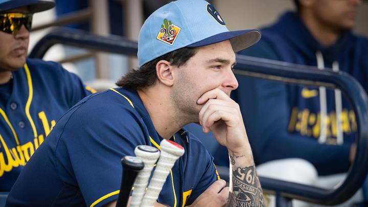 Milwaukee Brewers infield prospect Andrew Fischer watches the major leaguers practice during spring training workouts on Tuesday, February 17, 2026, at American Family Fields of Phoenix in Phoenix, Arizona.