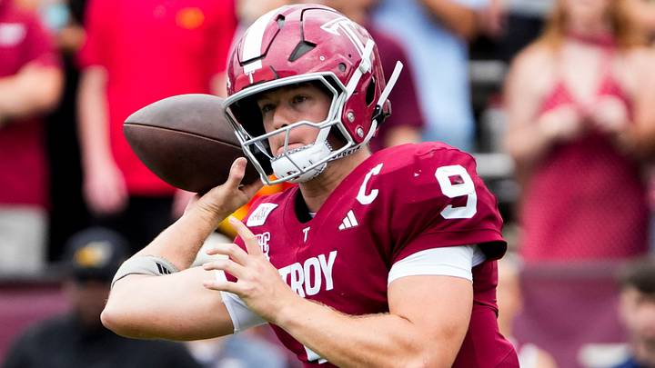 Troy quarterback Goose Crowder (9) passes against Alabama State during the their game in Troy Ala., on Saturday evening, September 11, 2026.