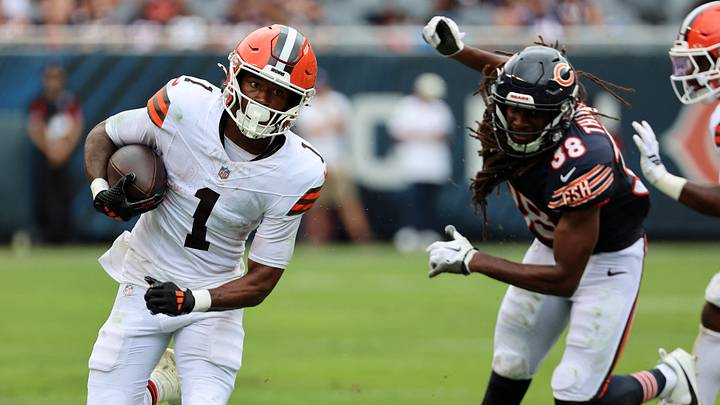 Aug 15, 2026; Chicago, Illinois, USA; Cleveland Browns wide receiver Kc Concepcion (1) makes a catch past Chicago Bears safety Skyler Thomas (38) during the first half at Soldier Field. Mandatory Credit: Mike Dinovo-Imagn Images Aug 15, 2026; Chicago, Illinois, USA; Cleveland Browns wide receiver Kc Concepcion (1) makes a catch past Chicago Bears safety Skyler Thomas (38) during the first half at Soldier Field. Mandatory Credit: Mike Dinovo-Imagn Images