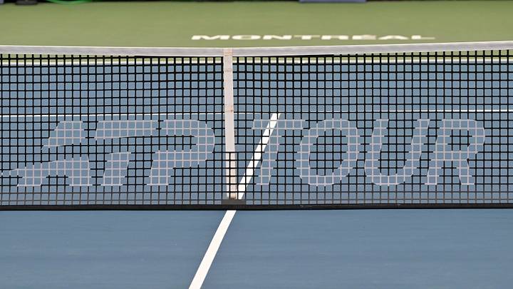 Aug 3, 2026; Montreal, QC], Canada; ATP Tour logo on a net during first round play at IGA Stadium. Mandatory Credit: Eric Bolte-Imagn Images