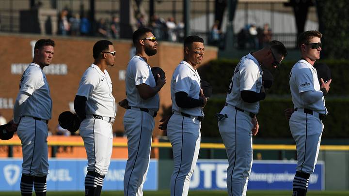 Detroit Tigers players stand at attention for the National Anthem before their game against the Milwaukee Brewers at Comerica Park. Credit: Lon Horwedel-Imagn Images Detroit Tigers players stand at attention for the National Anthem before their game against the Milwaukee Brewers at Comerica Park. Credit: Lon Horwedel-Imagn Images