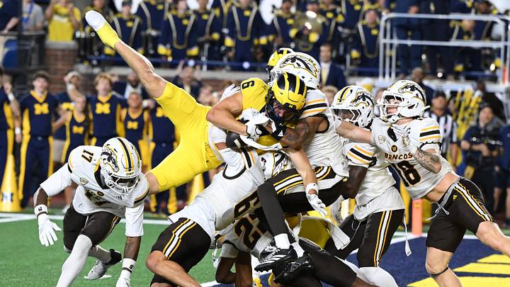 Sep 5, 2026; Ann Arbor, Michigan, USA; Michigan wide receiver JJ Buchanan (6) catches a Hail Mary pass for a touchdown with no time on the clock to beat Western Michigan at Michigan Stadium. Mandatory Credit: Lon Horwedel-Imagn Images Sep 5, 2026; Ann Arbor, Michigan, USA; Michigan wide receiver JJ Buchanan (6) catches a Hail Mary pass for a touchdown with no time on the clock to beat Western Michigan at Michigan Stadium. Mandatory Credit: Lon Horwedel-Imagn Images