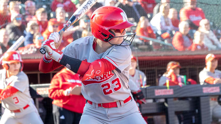 Nebraska outfielder Hannah Coor waits for the pitch against Omaha at Bowlin Stadium.