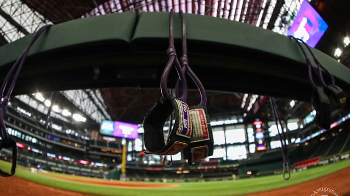 TCU Practice Bands hanging on the railing at globe life field, 02/29/2024 TCU Practice Bands hanging on the railing at globe life field, 02/29/2024