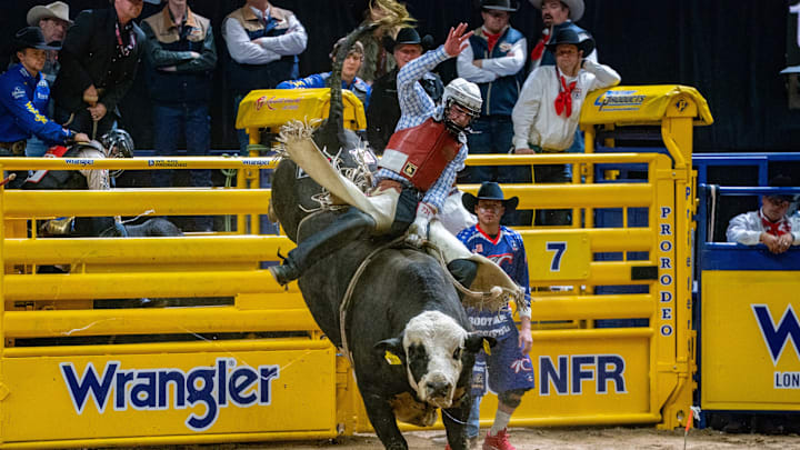 Hudson Bolton riding a bull in the final round of the 2025 NFR Hudson Bolton riding a bull in the final round of the 2025 NFR