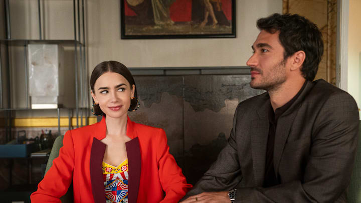 Emily in Paris. (L to R) Lily Collins as Emily, Eugenio Franceschini as Marcello in Emily in Paris