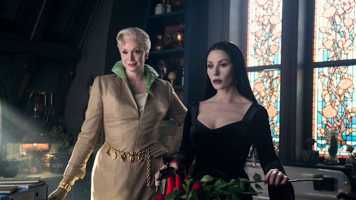 Gwendoline Christie as Principal Weems, Catherine Zeta-Jones as Morticia Addams in episode 205 of Wednesday. Gwendoline Christie as Principal Weems, Catherine Zeta-Jones as Morticia Addams in episode 205 of Wednesday.