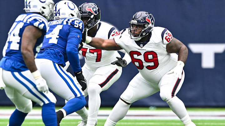 Sep 17, 2023; Houston, Texas, USA; Houston Texans guard Shaq Mason (69) in action during the first quarter against the Indianapolis Colts at NRG Stadium. Mandatory Credit: Maria Lysaker-Imagn Images