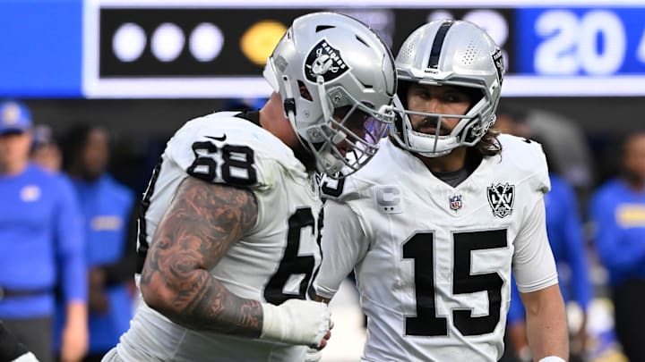 Oct 20, 2024; Inglewood, California, USA; Las Vegas Raiders center Andre James (68) and quarterback Gardner Minshew (15) during the fourth quarter at SoFi Stadium. Mandatory Credit: Robert Hanashiro-Imagn Images Oct 20, 2024; Inglewood, California, USA; Las Vegas Raiders center Andre James (68) and quarterback Gardner Minshew (15) during the fourth quarter at SoFi Stadium. Mandatory Credit: Robert Hanashiro-Imagn Images