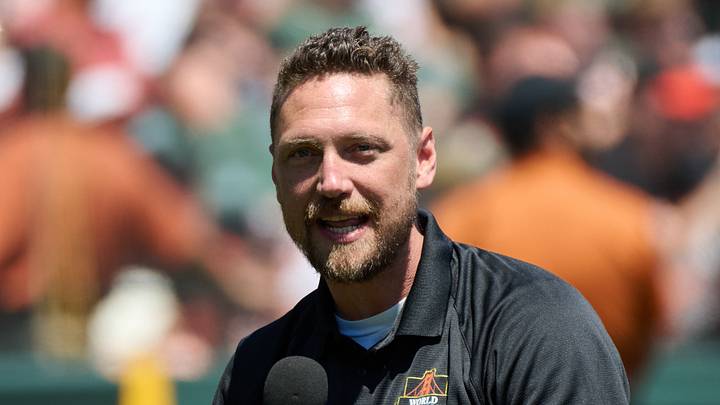 San Francisco, California, USA; Former San Francisco Giants outfielder Hunter Pence speaks to the crowd during a ceremony celebrating the tenth anniversary of the Giants' 2014 World Series championship at Oracle Park.  Mandatory Credit: Robert Edwards-USA TODAY Sports
