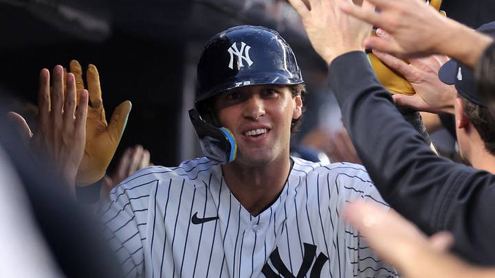 Aug 21, 2026; Bronx, New York, USA; New York Yankees right fielder Spencer Jones (78) celebrates his two run home run against the Toronto Blue Jays with teammates in the dugout during the second inning at Yankee Stadium. Mandatory Credit: Brad Penner-Imagn Images Aug 21, 2026; Bronx, New York, USA; New York Yankees right fielder Spencer Jones (78) celebrates his two run home run against the Toronto Blue Jays with teammates in the dugout during the second inning at Yankee Stadium. Mandatory Credit: Brad Penner-Imagn Images