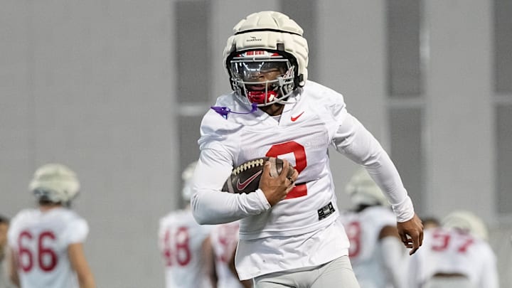Ohio State Buckeyes safety Caleb Downs (2) fields a punt during spring football practice at the Woody Hayes Athletic Center on March 17, 2025.