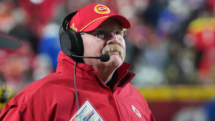 Jan 26, 2025; Kansas City, MO, USA; Kansas City Chiefs head coach Andy Reid during the second half against the Buffalo Bills in the AFC Championship game at GEHA Field at Arrowhead Stadium. Mandatory Credit: Mark J. Rebilas-Imagn Images
