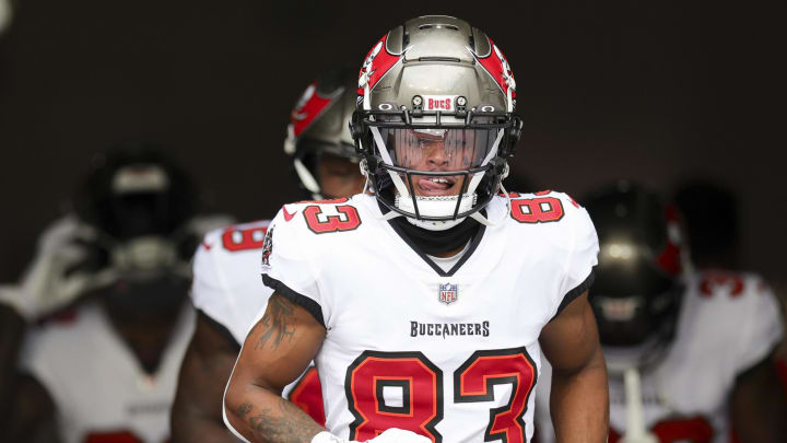 Dec 3, 2023; Tampa, Florida, USA; Tampa Bay Buccaneers wide receiver Deven Thompkins (83) takes the field for warms ups before a game against the Carolina Panthers at Raymond James Stadium. Mandatory Credit: Nathan Ray Seebeck-USA TODAY Sports Dec 3, 2023; Tampa, Florida, USA; Tampa Bay Buccaneers wide receiver Deven Thompkins (83) takes the field for warms ups before a game against the Carolina Panthers at Raymond James Stadium. Mandatory Credit: Nathan Ray Seebeck-USA TODAY Sports