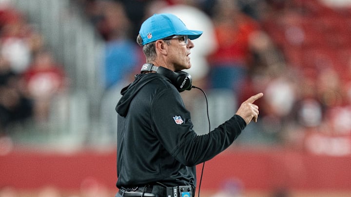 Los Angeles Chargers head coach Jim Harbaugh instructs against the San Francisco 49ers in the preseason