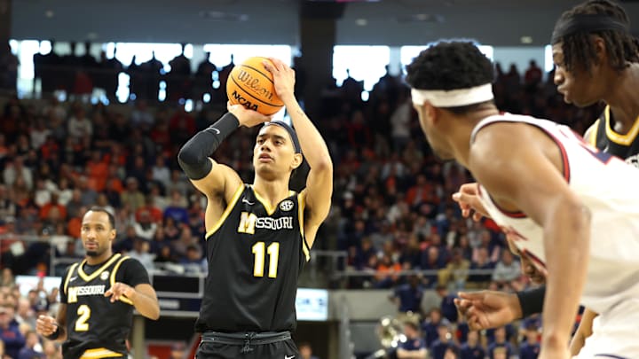 Jan 4, 2025; Auburn, Alabama, USA; Missouri Tigers guard Trent Pierce (11) attempts a free throw during the first half against the Auburn Tigers at Neville Arena. Mandatory Credit: John Reed-Imagn Images Jan 4, 2025; Auburn, Alabama, USA; Missouri Tigers guard Trent Pierce (11) attempts a free throw during the first half against the Auburn Tigers at Neville Arena. Mandatory Credit: John Reed-Imagn Images