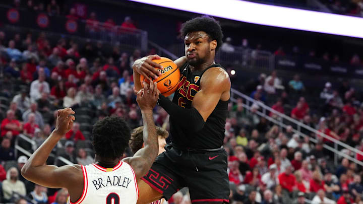 Mar 14, 2024; Las Vegas, NV, USA; Southern California Trojans guard Bronny James (6) pulls down a