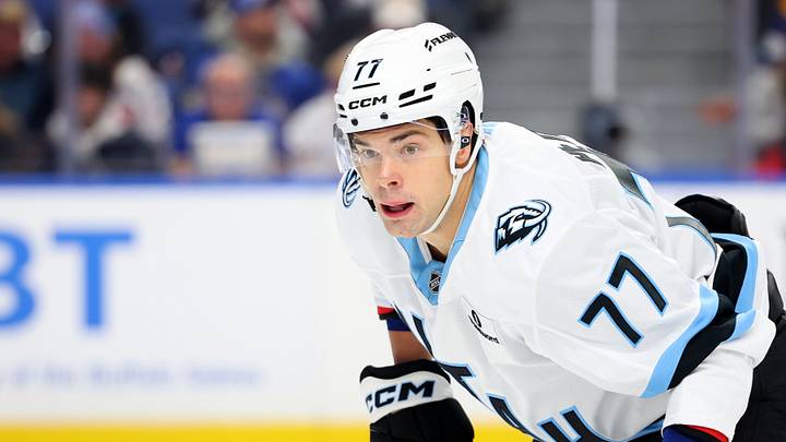 Nov 4, 2025; Buffalo, New York, USA;  Utah Mammoth right wing JJ Peterka (77) looks for the puck during the third period against the Buffalo Sabres at KeyBank Center. Mandatory Credit: Timothy T. Ludwig-Imagn Images