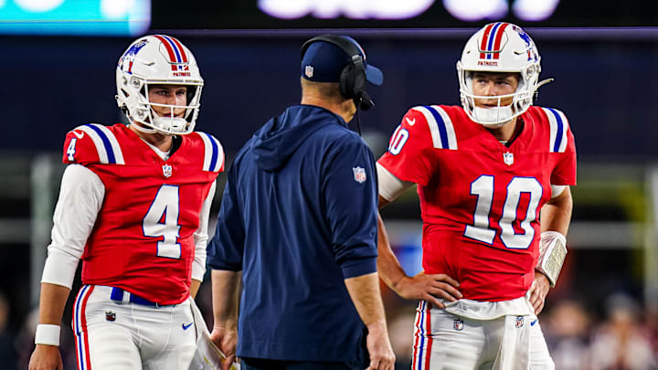 Sep 17, 2023; Foxborough, Massachusetts, USA; New England Patriots quarterback Mac Jones (10) and