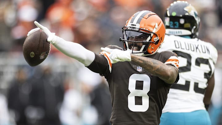 Dec 10, 2023; Cleveland, Ohio, USA; Cleveland Browns wide receiver Elijah Moore (8) celebrates his first down run against the Jacksonville Jaguars during the second quarter