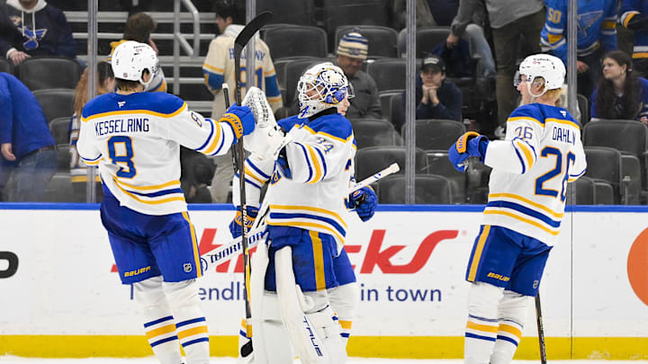 Dec 29, 2025; St. Louis, Missouri, USA; Buffalo Sabres goaltender Alex Lyon (34) celebrates with defenseman Michael Kesselring (8) and defenseman Rasmus Dahlin (26) after the Sabres defeated the St. Louis Blues at Enterprise Center. Mandatory Credit: Jeff Curry-Imagn Images Dec 29, 2025; St. Louis, Missouri, USA; Buffalo Sabres goaltender Alex Lyon (34) celebrates with defenseman Michael Kesselring (8) and defenseman Rasmus Dahlin (26) after the Sabres defeated the St. Louis Blues at Enterprise Center. Mandatory Credit: Jeff Curry-Imagn Images