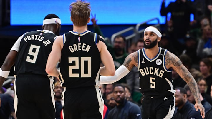 Apr 10, 2025; Milwaukee, Wisconsin, USA; Milwaukee Bucks guard Gary Trent Jr. (5) celebrates with forward Bobby Portis (9) in the second quarter against the New Orleans Pelicans at Fiserv Forum. Mandatory Credit: Benny Sieu-Imagn Images Apr 10, 2025; Milwaukee, Wisconsin, USA; Milwaukee Bucks guard Gary Trent Jr. (5) celebrates with forward Bobby Portis (9) in the second quarter against the New Orleans Pelicans at Fiserv Forum. Mandatory Credit: Benny Sieu-Imagn Images