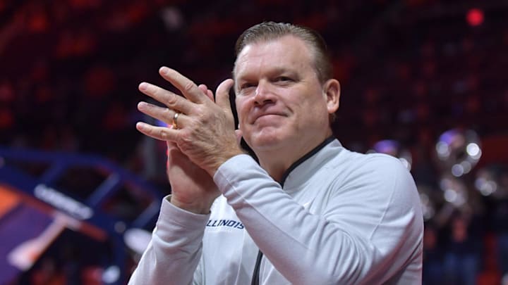 Nov 23, 2024; Champaign, Illinois, USA;  Illinois Fighting Illini head coach Brad Underwood during the first half against the Maryland-Eastern Shore Hawks at State Farm Center. Mandatory Credit: Ron Johnson-Imagn Images