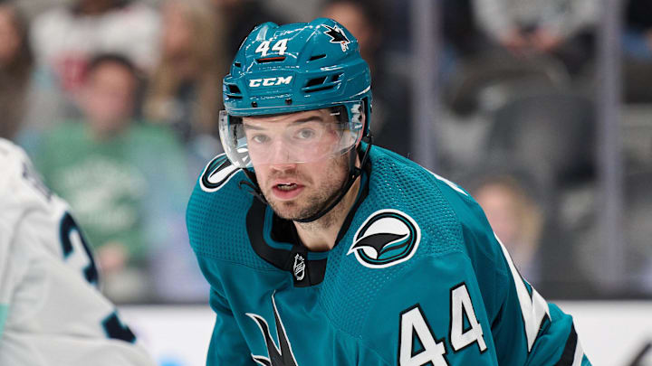 Jan 30, 2024; San Jose, California, USA; San Jose Sharks defenseman Marc-Edouard Vlasic (44) during