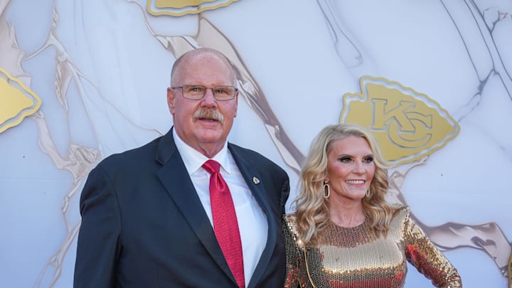 Jun 13, 2024; Kansas City, MO, USA; Kansas City Chiefs head coach Andy Reid pose for a photo on the red carpet at the Nelson Art Gallery. Mandatory Credit: Denny Medley-USA TODAY Sports