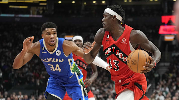 Toronto Raptors forward Pascal Siakam (43) drives to the net.