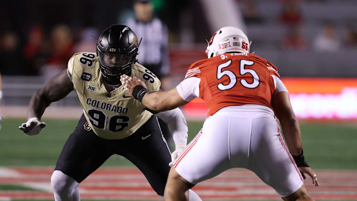 Oct 25, 2025; Salt Lake City, Utah, USA; Colorado Buffaloes defensive lineman Jehiem Oatis (96) and Utah Utes offensive lineman Spencer Fano (55) battle during the first quarter at Rice-Eccles Stadium. Mandatory Credit: Rob Gray-Imagn Images Oct 25, 2025; Salt Lake City, Utah, USA; Colorado Buffaloes defensive lineman Jehiem Oatis (96) and Utah Utes offensive lineman Spencer Fano (55) battle during the first quarter at Rice-Eccles Stadium. Mandatory Credit: Rob Gray-Imagn Images