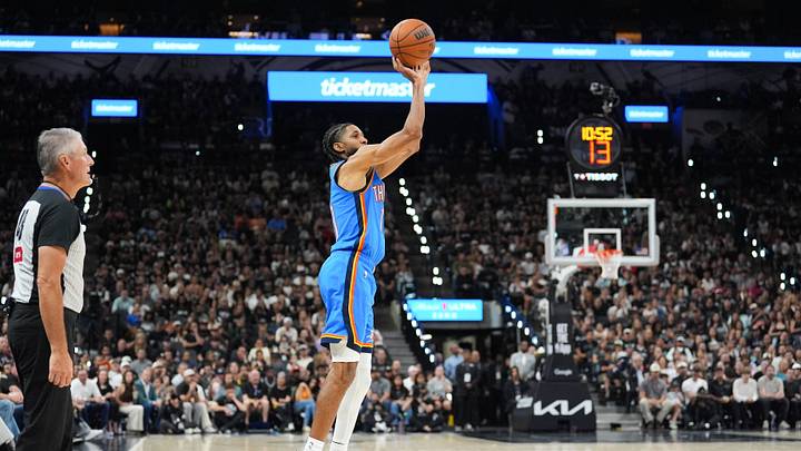 May 24, 2026; San Antonio, Texas, USA; Oklahoma City Thunder guard Isaiah Joe (11) shoots in the fourth quarter against the San Antonio Spurs during game four of the western conference finals for the 2026 NBA playoffs at Frost Bank Center. May 24, 2026; San Antonio, Texas, USA; Oklahoma City Thunder guard Isaiah Joe (11) shoots in the fourth quarter against the San Antonio Spurs during game four of the western conference finals for the 2026 NBA playoffs at Frost Bank Center.