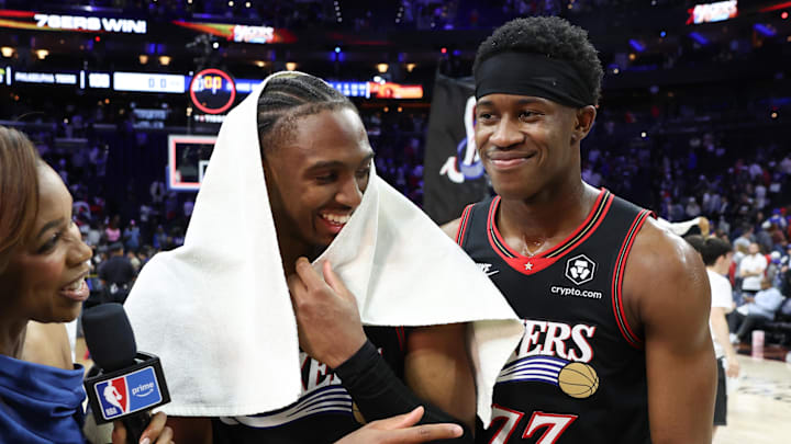 Apr 15, 2026; Philadelphia, Pennsylvania, USA; Philadelphia 76ers guard Tyrese Maxey (0) celebrates with guard Vj Edgecombe (77) after a win against the Orlando Magic in a play-in round of the 2026 NBA Playoffs at Xfinity Mobile Arena. Mandatory Credit: Bill Streicher-Imagn Images Apr 15, 2026; Philadelphia, Pennsylvania, USA; Philadelphia 76ers guard Tyrese Maxey (0) celebrates with guard Vj Edgecombe (77) after a win against the Orlando Magic in a play-in round of the 2026 NBA Playoffs at Xfinity Mobile Arena. Mandatory Credit: Bill Streicher-Imagn Images