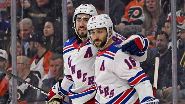 Mar 9, 2026; Philadelphia, Pennsylvania, USA; New York Rangers center Mika Zibanejad (93) and center Vincent Trocheck (16) celebrate a goal against the Philadelphia Flyers at Xfinity Mobile Arena. Mandatory Credit: Eric Hartline-Imagn Images