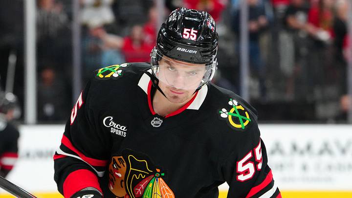 Mar 14, 2026; Las Vegas, Nevada, USA; Chicago Blackhawks defenseman Artyom Levshunov (55) warms up before a game against the Vegas Golden Knights at T-Mobile Arena. Mandatory Credit: Stephen R. Sylvanie-Imagn Images Mar 14, 2026; Las Vegas, Nevada, USA; Chicago Blackhawks defenseman Artyom Levshunov (55) warms up before a game against the Vegas Golden Knights at T-Mobile Arena. Mandatory Credit: Stephen R. Sylvanie-Imagn Images