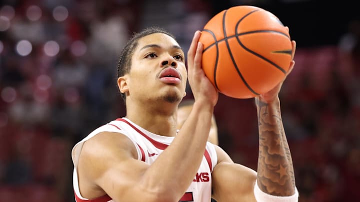 Arkansas Razorbacks guard Darius Acuff Jr (5) shoots a free throw against the Winthrop Eagles during the first half at Bud Walton Arena. Arkansas won 84-83.