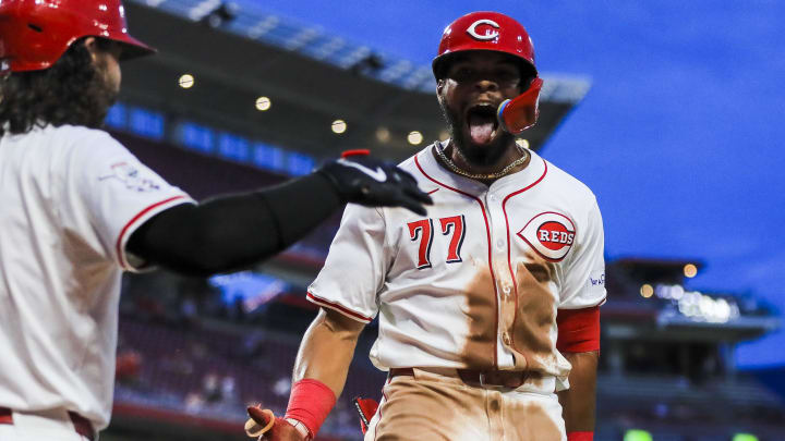 Jul 8, 2024; Cincinnati, Ohio, USA; Cincinnati Reds outfielder Rece Hinds (77) reacts after hitting a solo home run in the eighth inning against the Colorado Rockies at Great American Ball Park. Mandatory Credit: Katie Stratman-USA TODAY Sports Jul 8, 2024; Cincinnati, Ohio, USA; Cincinnati Reds outfielder Rece Hinds (77) reacts after hitting a solo home run in the eighth inning against the Colorado Rockies at Great American Ball Park. Mandatory Credit: Katie Stratman-USA TODAY Sports