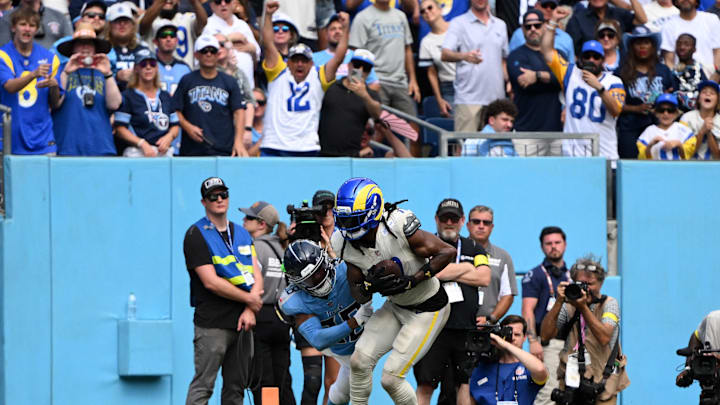 Sep 14, 2025; Nashville, Tennessee, USA; Los Angeles Rams wide receiver Davante Adams (17) catches a touchdown pass against the Tennessee Titans during the second half at Nissan Stadium. Mandatory Credit: Steve Roberts-Imagn Images Sep 14, 2025; Nashville, Tennessee, USA; Los Angeles Rams wide receiver Davante Adams (17) catches a touchdown pass against the Tennessee Titans during the second half at Nissan Stadium. Mandatory Credit: Steve Roberts-Imagn Images