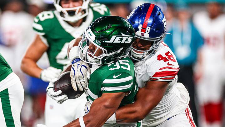Aug 28, 2026; East Rutherford, New Jersey, USA; New York Jets running back Dominic Richardson (35) is tackled by New York Giants linebacker Trace Ford (48) during the second half at MetLife Stadium. Aug 28, 2026; East Rutherford, New Jersey, USA; New York Jets running back Dominic Richardson (35) is tackled by New York Giants linebacker Trace Ford (48) during the second half at MetLife Stadium.