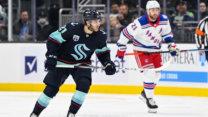 Oct 31, 2021; Seattle, Washington, USA; Seattle Kraken center Alex Wennberg (21) during the game