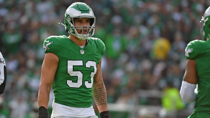 Dec 29, 2024; Philadelphia, Pennsylvania, USA; Philadelphia Eagles linebacker Zack Baun (53) against the Dallas Cowboys at Lincoln Financial Field. Mandatory Credit: Eric Hartline-Imagn Images