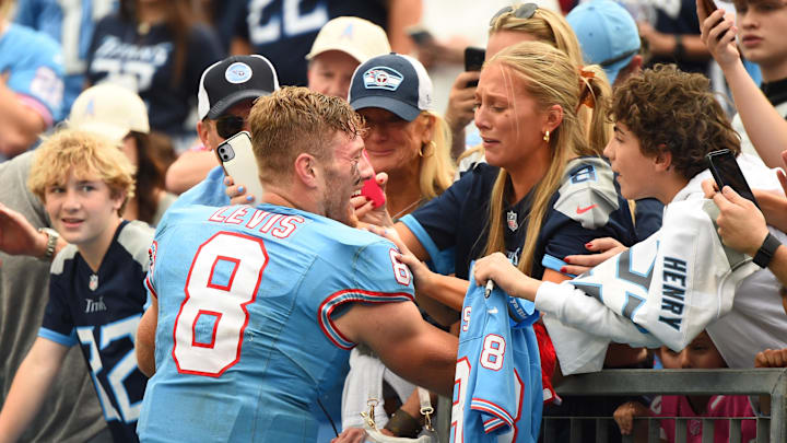 Oct 29, 2023; Nashville, Tennessee, USA; Tennessee Titans quarterback Will Levis (8) celebrates with