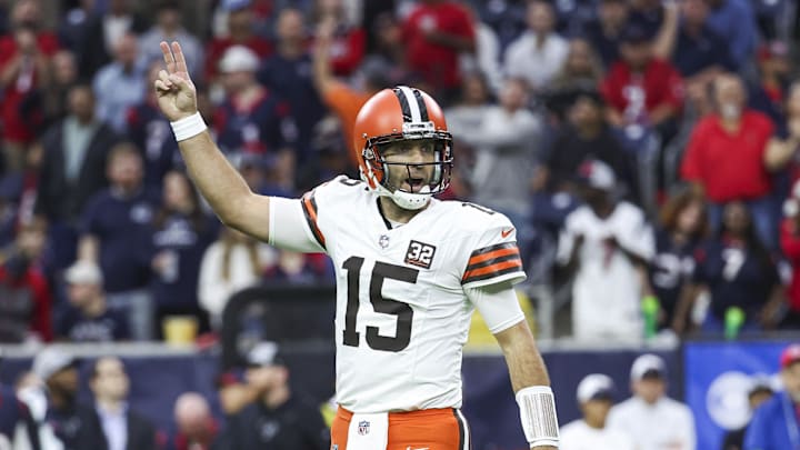 Dec 24, 2023; Houston, Texas, USA; Cleveland Browns quarterback Joe Flacco (15) reacts after a touchdown during the first quarter against the Houston Texans at NRG Stadium. Mandatory Credit: Troy Taormina-Imagn Images