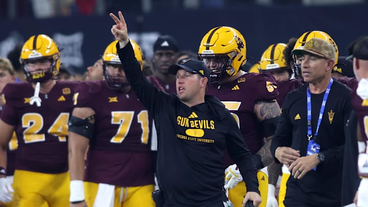 Dec 7, 2024; Arlington, TX, USA; Arizona State Sun Devils head coach Kenny Dillingham stands on the sidelines during the game against the Iowa State Cyclones at AT&T Stadium. Mandatory Credit: Tim Heitman-Imagn Images