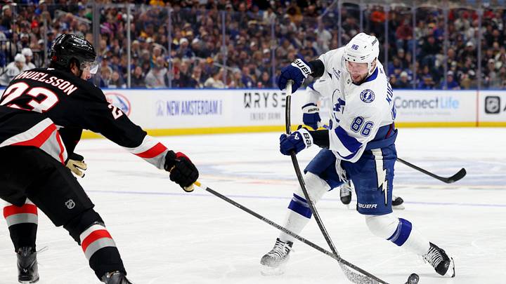 Buffalo Sabres defenseman Mattias Samuelsson (23) blocks a shot by Tampa Bay Lightning right wing Nikita Kucherov (86) during the first period at KeyBank Center. Mandatory Credit: Timothy T. Ludwig-Imagn Images Buffalo Sabres defenseman Mattias Samuelsson (23) blocks a shot by Tampa Bay Lightning right wing Nikita Kucherov (86) during the first period at KeyBank Center. Mandatory Credit: Timothy T. Ludwig-Imagn Images
