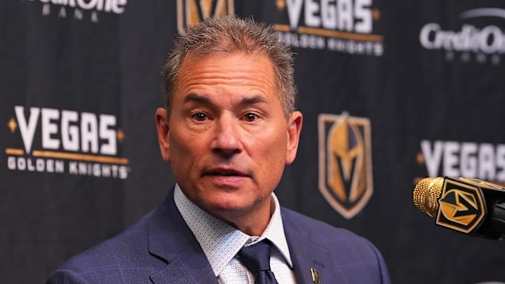 Nov 10, 2025; Las Vegas, Nevada, USA; Former Vegas Golden Knights head coach Bruce Cassidy takes questions during a presser after the Florida Panthers defeated the Golden Knights 3-2 at T-Mobile Arena. Mandatory Credit: Stephen R. Sylvanie-Imagn Images
