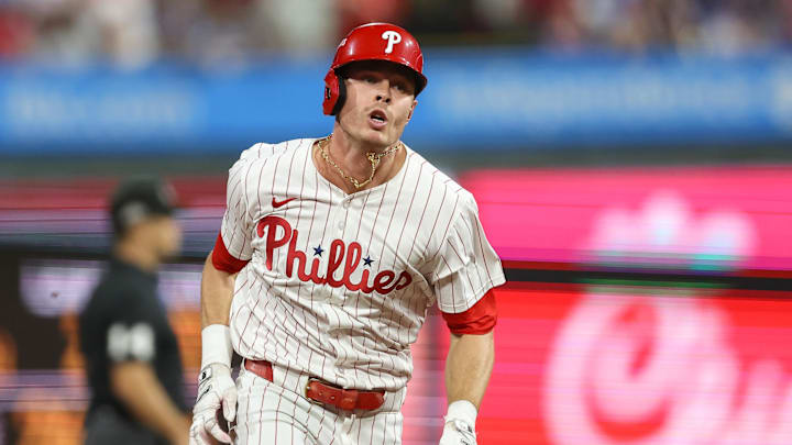 Oct 6, 2025; Philadelphia, Pennsylvania, USA; Philadelphia Phillies left fielder Max Kepler (17) runs to third base after hitting a triple against the Los Angeles Dodgers in the eighth inning during game two of the NLDS round for the 2025 MLB playoffs at Citizens Bank Park. Mandatory Credit: Bill Streicher-Imagn Images