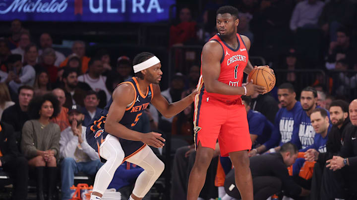 Feb 27, 2024; New York, New York, USA; New Orleans Pelicans forward Zion Williamson (1) controls the ball against New York Knicks forward Precious Achiuwa (5) during the first quarter at Madison Square Garden. Mandatory Credit: Brad Penner-Imagn Images Feb 27, 2024; New York, New York, USA; New Orleans Pelicans forward Zion Williamson (1) controls the ball against New York Knicks forward Precious Achiuwa (5) during the first quarter at Madison Square Garden. Mandatory Credit: Brad Penner-Imagn Images